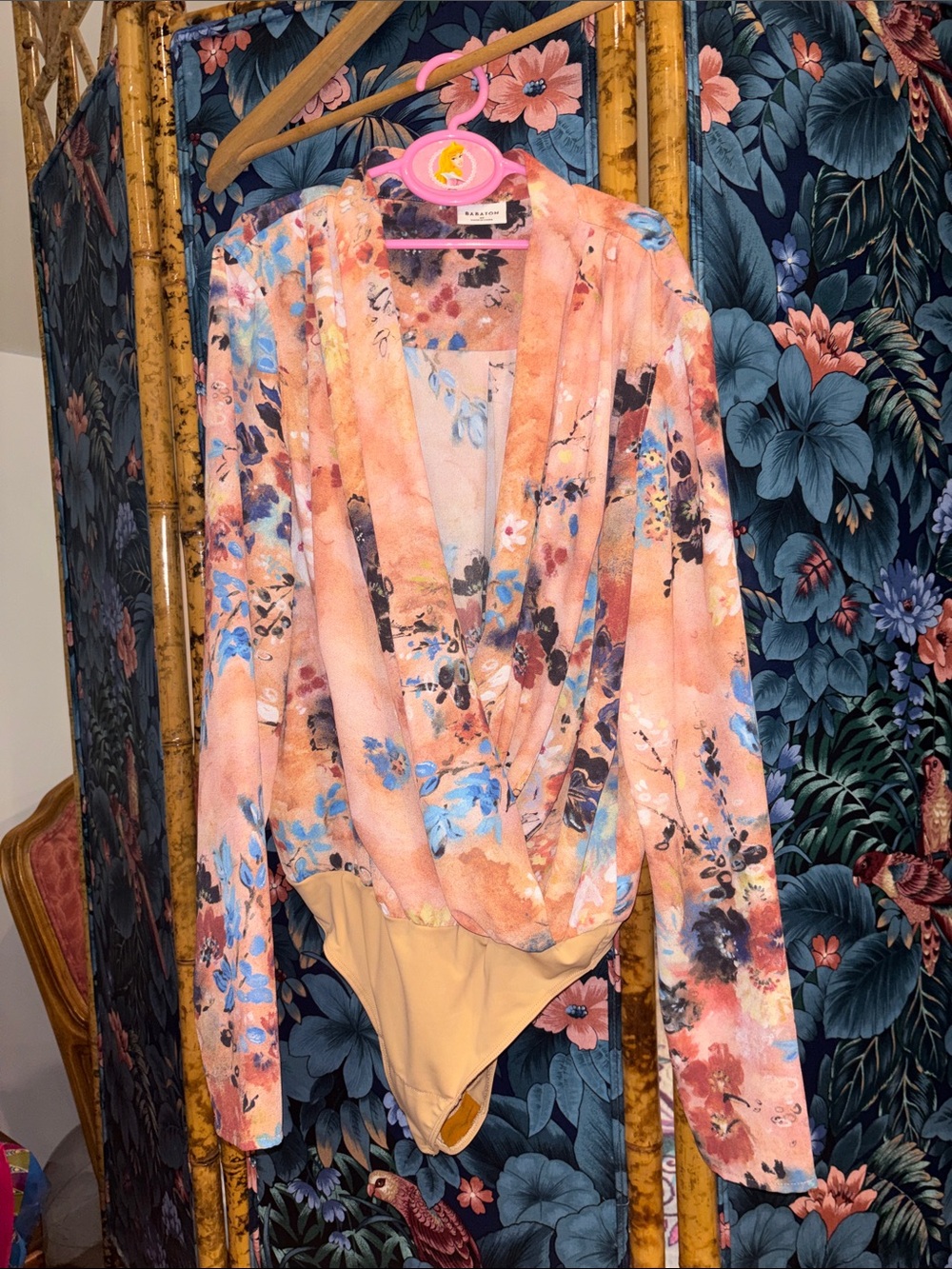Babaton Peach Floral Print Blazer with Blue Accents